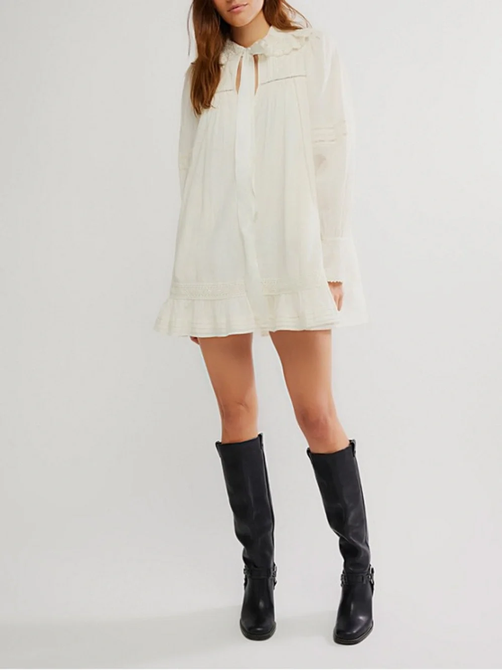 Free People Ivory Long-Sleeve Tie-Neck Mini Dress Size XL